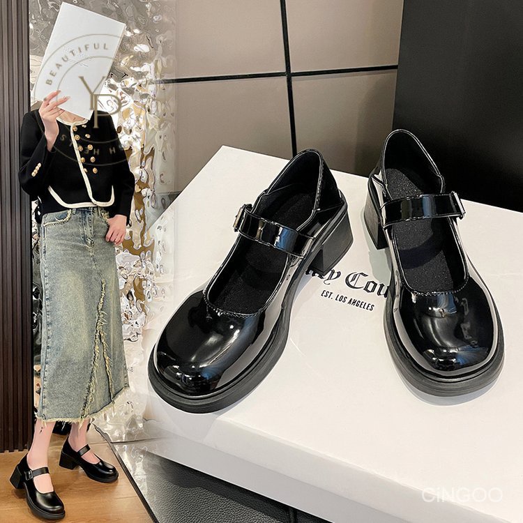 Giày Búp Bê Da Pu Mũi Tròn Đế Dày 3-5cm Phối Khóa Cài Xinh Xắn Hợp Thời Trang