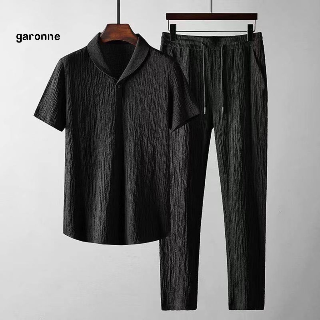 Bộ Trang Phục 2 Mảnh Gồm Áo Sơ Mi Tay Ngắn Cổ Bẻ + Quần Lưng Thun Dây Rút Thời Trang Cho Nam