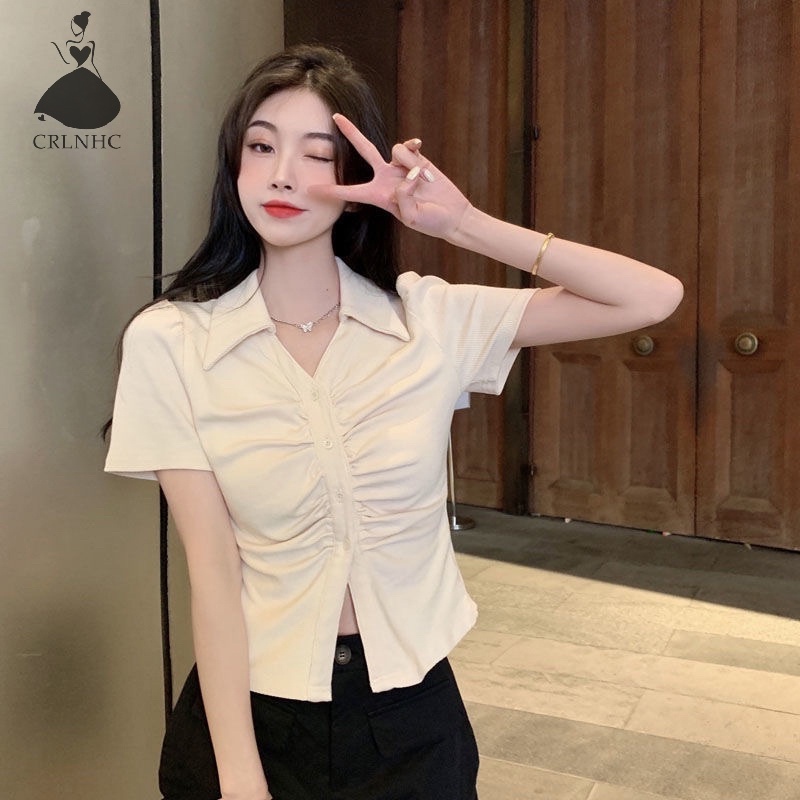 Áo Sơ Mi Tay Ngắn Dáng Ôm Màu Trơn Thời Trang Cho Nữ