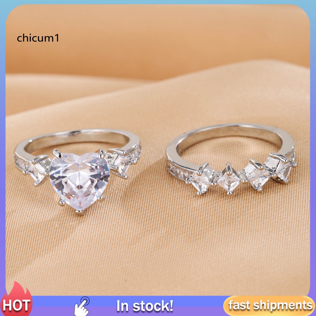 Set 2 Nhẫn Đính Đá Trái Tim Sang Trọng Cho Nữ