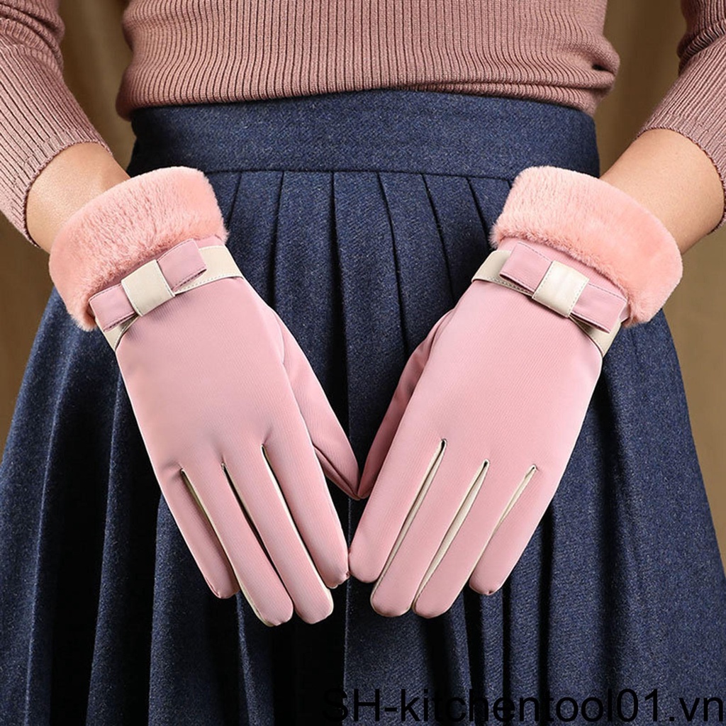 Găng Tay Đi Tuyết Viền Lông Thỏ Giả Mềm Mại Dày Dặn Ấm Áp Chống Trượt Thời Tiết Lạnh Cho Nữ