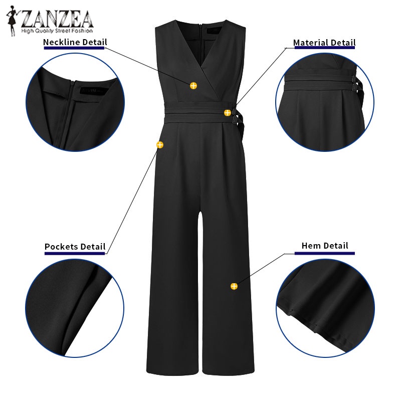 Jumpsuit Không Tay Cổ Chữ V Màu Trơn Thời Trang Nữ ZANZEA