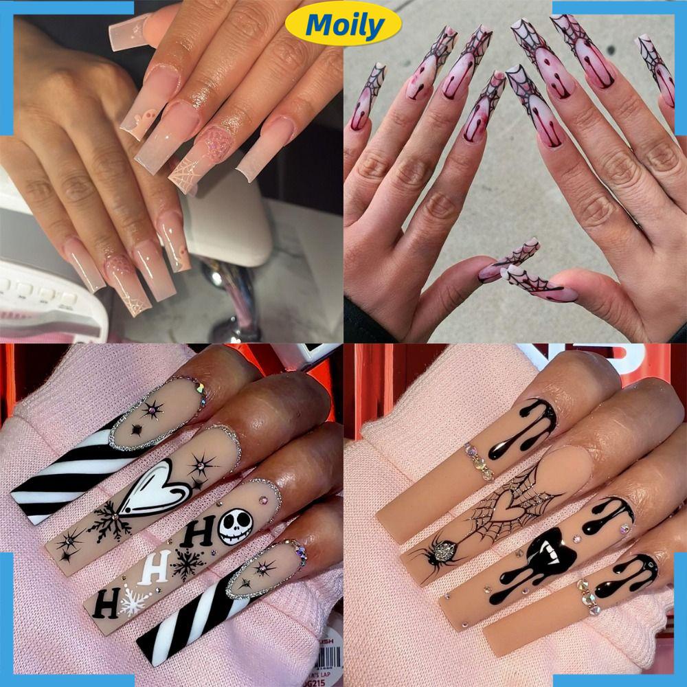MOILYVN Móng Tay Giả Dài Có Thể Tháo Rời Che Phủ Toàn Diện Họa Tiết Halloween Cho Nữ