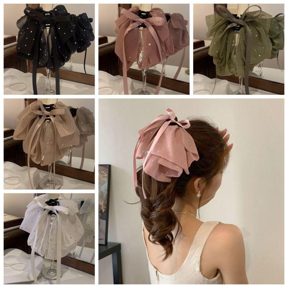 OCEANMAP Kẹp Tóc Nơ Lưới Đính Kim Sa Ngọt Ngào Y2K