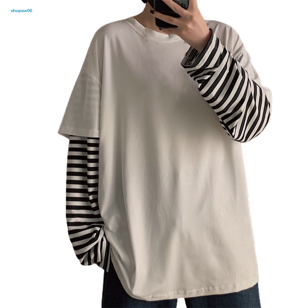 Áo Thun Giả Hai Lớp Cổ Tròn Oversize Họa Tiết Kẻ Sọc Thời Trang Mùa Thu Cho Nam