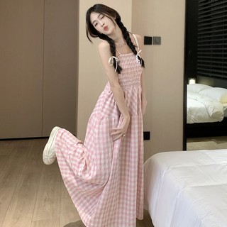 Đầm 2 dây caro xòe dáng Váy dài chữ A đầm babydoll chun kẻ giảm eo