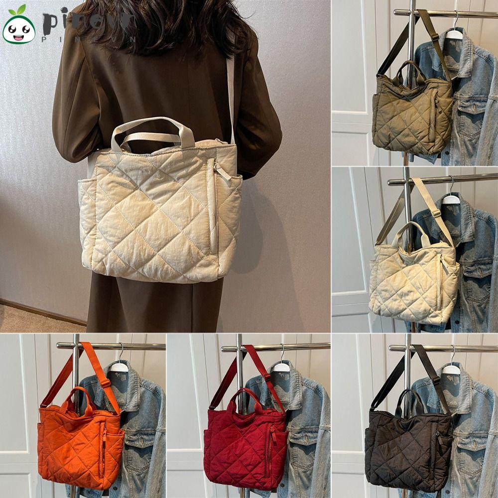 PINEVN Túi Xách Đeo Vai Sức Chứa Lớn Bằng Vải Cotton Chần Bông Thời Trang Mùa Đông