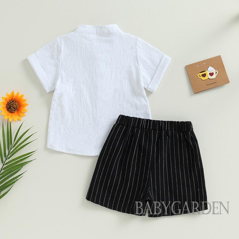 Set Áo Sơ Mi Trắng Ngắn Tay Cổ Tròn + Quần Short Lưng Thun Họa Tiết Kẻ Sọc Màu Sắc Thời Trang Mùa Hè Cho Bé Trai 4-7 Tuổi