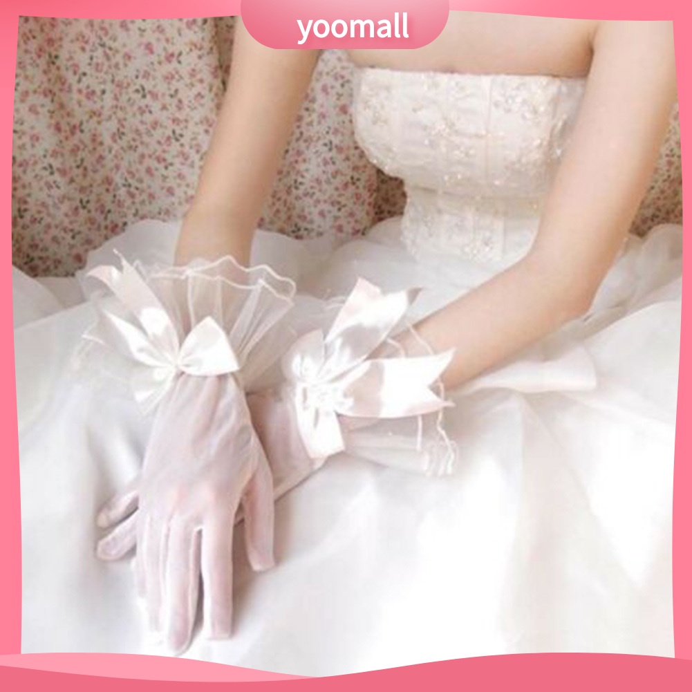 Găng Tay Ngắn Vải Ren Phối Nơ Xinh Xắn Dành Cho Cô Dâu