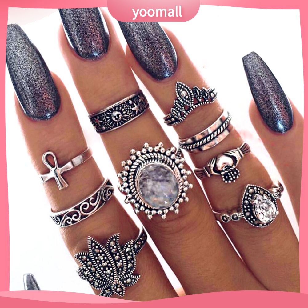 Bộ 9 Nhẫn Đeo Đốt Ngón Tay Đính Đá Phong Cách Retro Cho Nữ