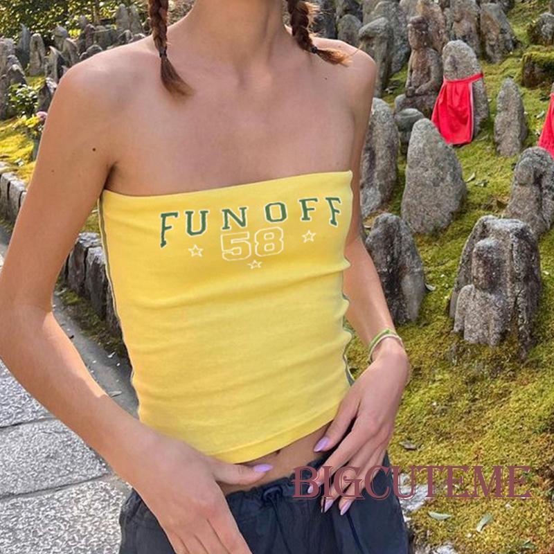 Áo Ống Lửng Hở Lưng In Chữ Số Màu Vàng Thời Trang Quyến Rũ Dành Cho Nữ