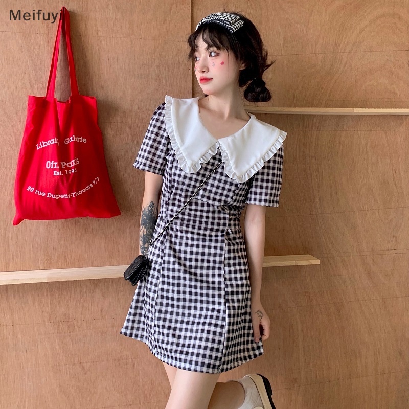 [Meifuyi] Women Summer Dress Short Sleeve Plaid Peter Pan Collar High Waist Casual Dresses COD