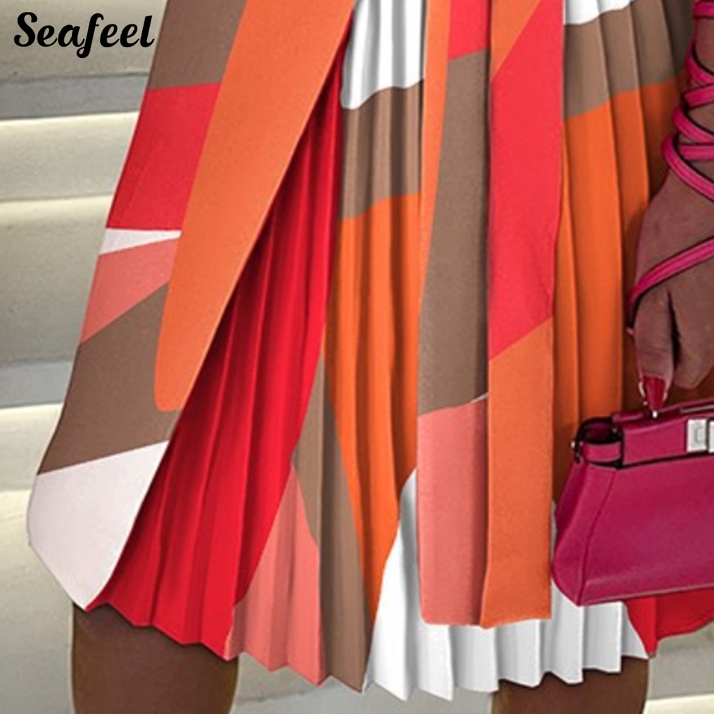 Đầm Cổ V Tay Dài Cột Dây Eo Họa Tiết Hình Học Thời Trang Mùa Thu 44989