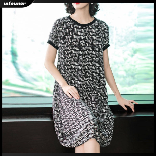 Đầm Midi Tay Ngắn Cổ Tròn In Họa Tiết Hình Học Thời Trang Mùa Hè Xinh Xắn Cho Nữ