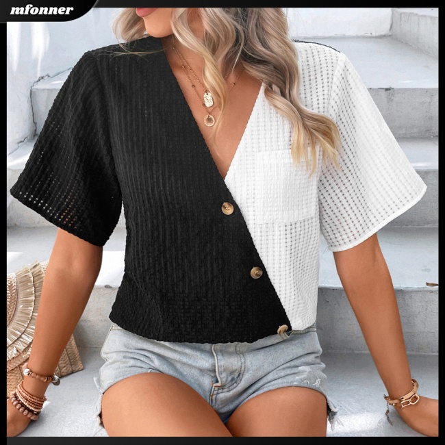 Áo Dệt Kim Tay Ngắn Cổ Chữ V Màu Sắc Tương Phản Thời Trang Cho Nữ