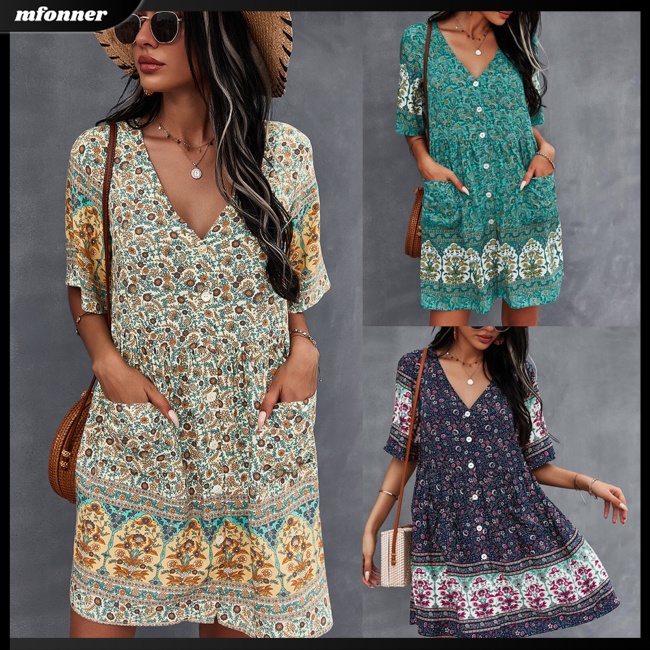 Đầm Tay Ngắn Cổ Chữ V In Họa Tiết Phong Cách Bohemian Thời Trang Mùa Hè Cho Nữ