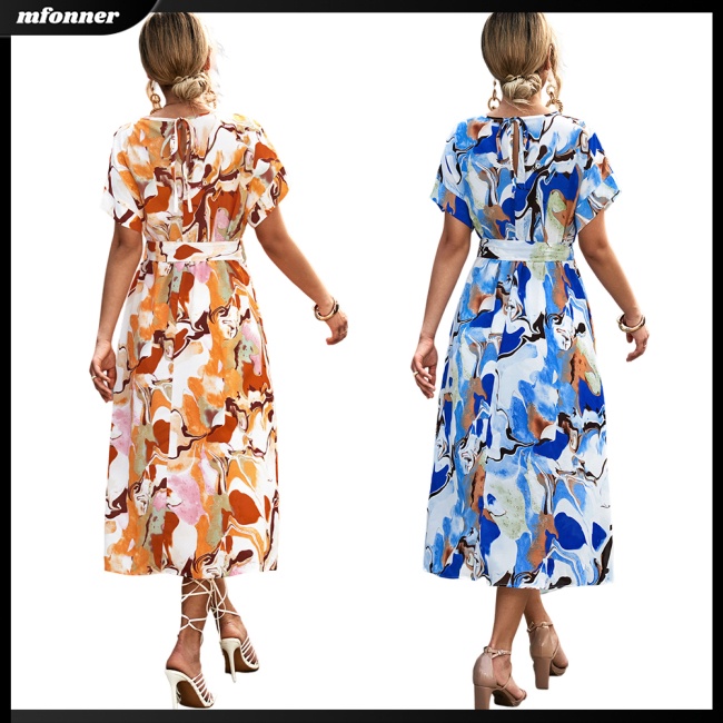 Đầm Dài Tay Ngắn Cổ Tròn Thắt Nơ Sau Lưng Họa Tiết Hoa Phong Cách Boho Cho Nữ