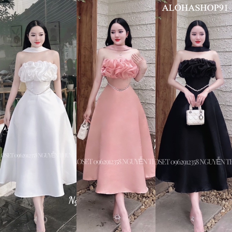Đầm Maxxi Tapta Cúp Mút Ngực Phối Tơ Óng Dây Choàng Cổ Dáng Xoè Đính Đá Eo Có Túi alohashop91