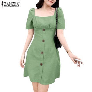 ZANZEA Đầm Tay Ngắn Cổ Vuông Màu Trơn Phong Cách Hàn Quốc Thời Trang Cho Nữ