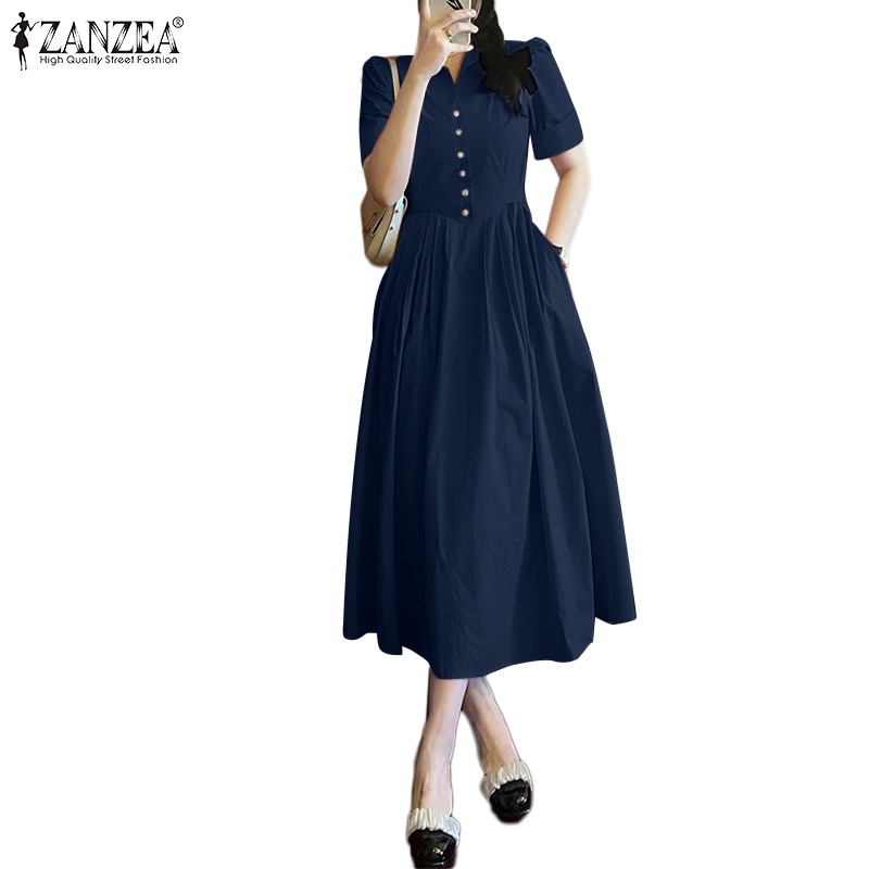 ZANZEA Đầm Chữ A Tay Ngắn Cổ Bẻ Xếp Ly Màu Đen Phong Cách Hàn Quốc Thời Trang Cho Nữ