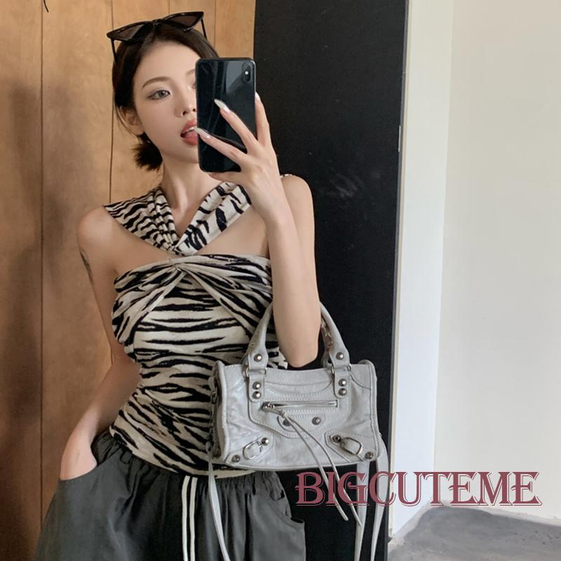 [] Áo Crop Top Không Tay In Họa Tiết Ngựa Vằn Thời Trang Mùa Hè Dành Cho Nữ