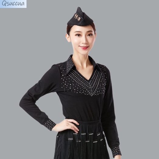 Áo Khiêu Vũ Latin Tay Dài Cổ Chữ V Đính Đá Dành Cho Nữ