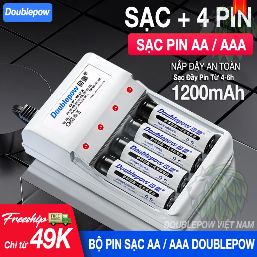 Bộ sạc pin AA/AAA DB02, Pin AA 1200mah Doublepow  Pin Sạc Micro Không Dây - Pin Đồ Chơi Điện Tử - Pin