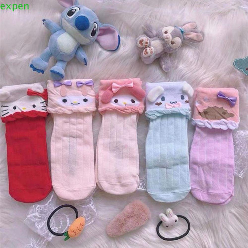 EXPEN Vớ Cotton Nữ Thêu Hình Mèo Kitty Đính Nơ Phong Cách Đường Phố Lolita