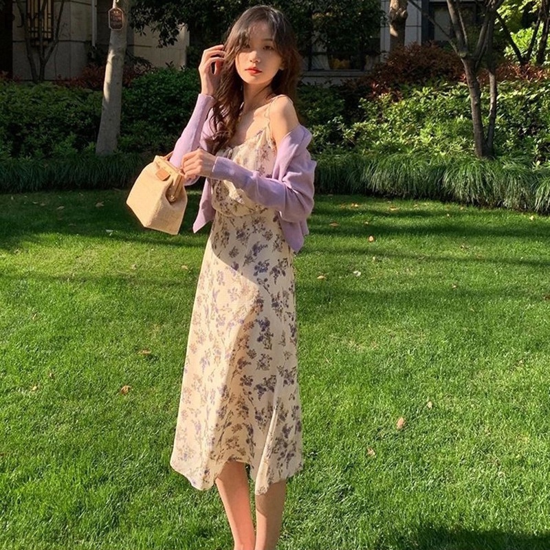 Đầm Midi Hai Dây Không Tay In Hoa Thời Trang Mùa Hè PJ