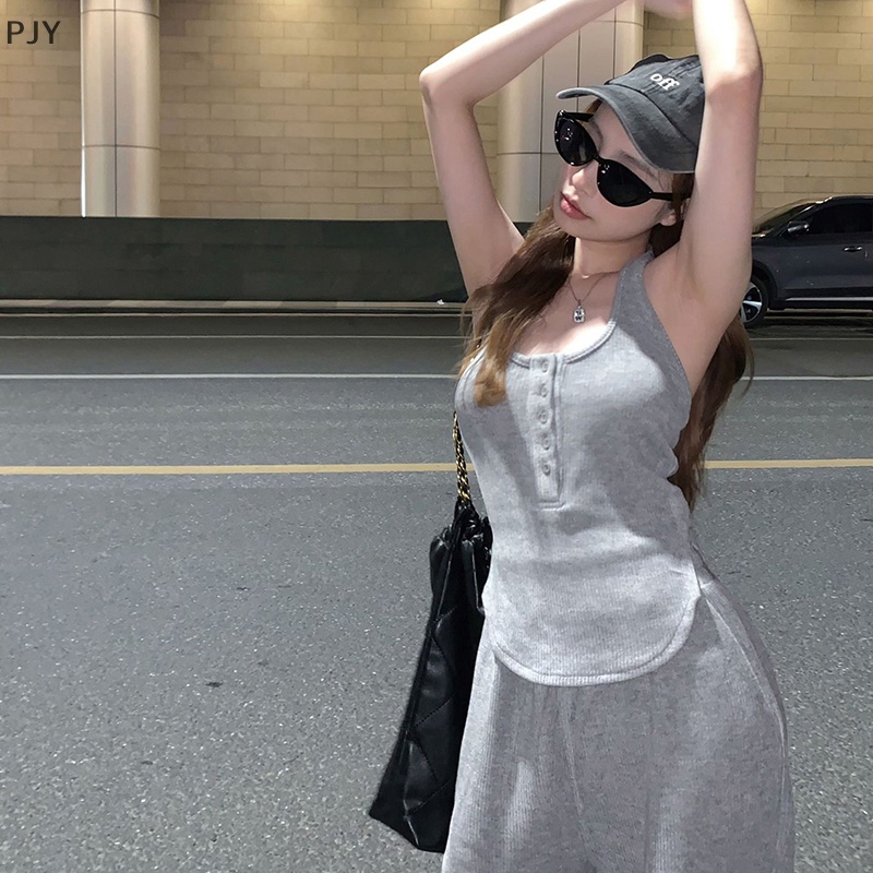 Set Đồ Thể Thao Hai Mảnh Gồm Áo Hai Dây Màu Xám Và Quần Dài Ống Rộng Mẫu Mới 2023 Thời Trang Mùa Hè Cho Nữ PJ