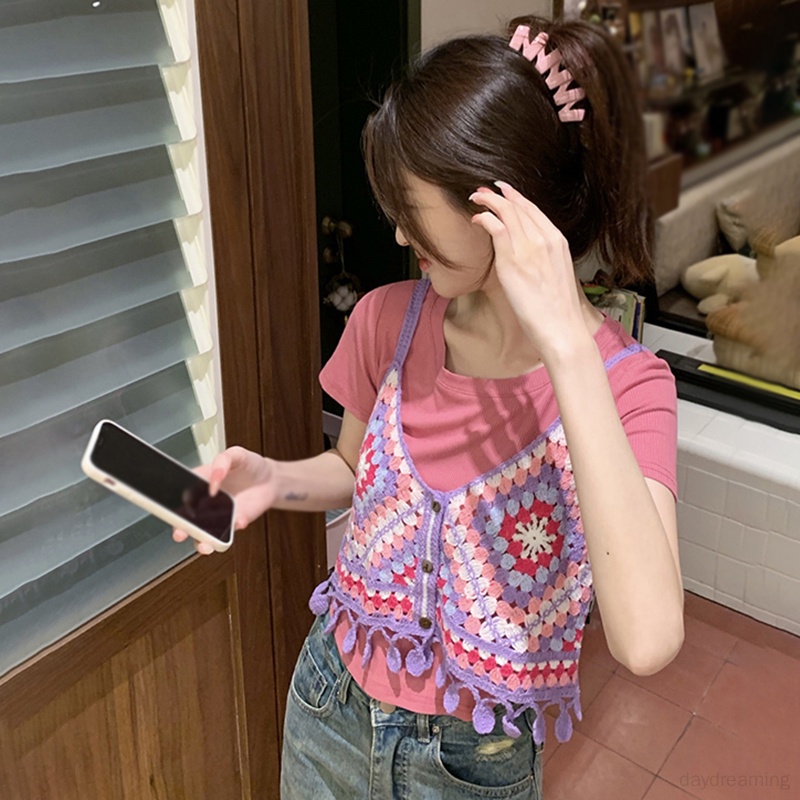 Áo Croptop Dệt Kim Cổ Chữ V Phối Tua Rua Màu Sắc Tương Phản Thời Trang Mùa Hè Cho Nữ