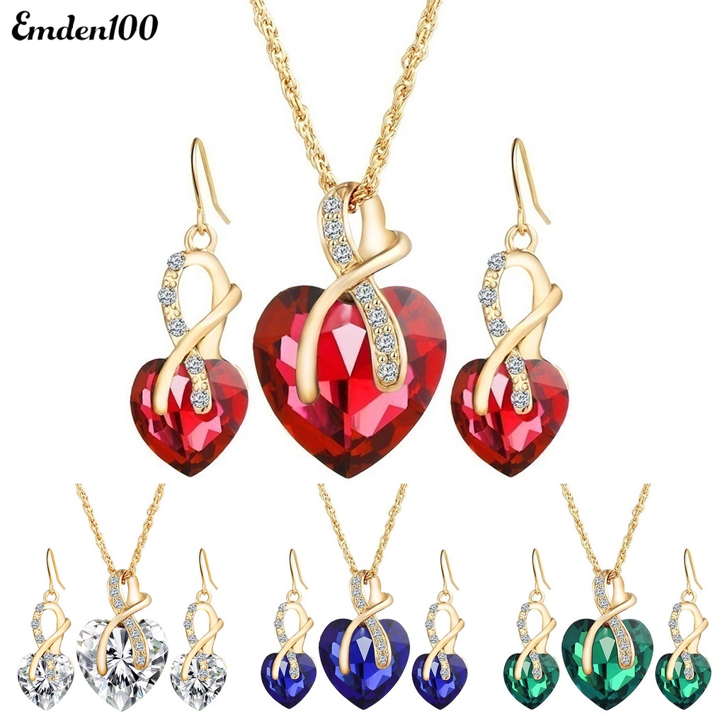 Bộ Vòng cổ + Bông Tai Hình Trái Tim Bằng Hợp Kim