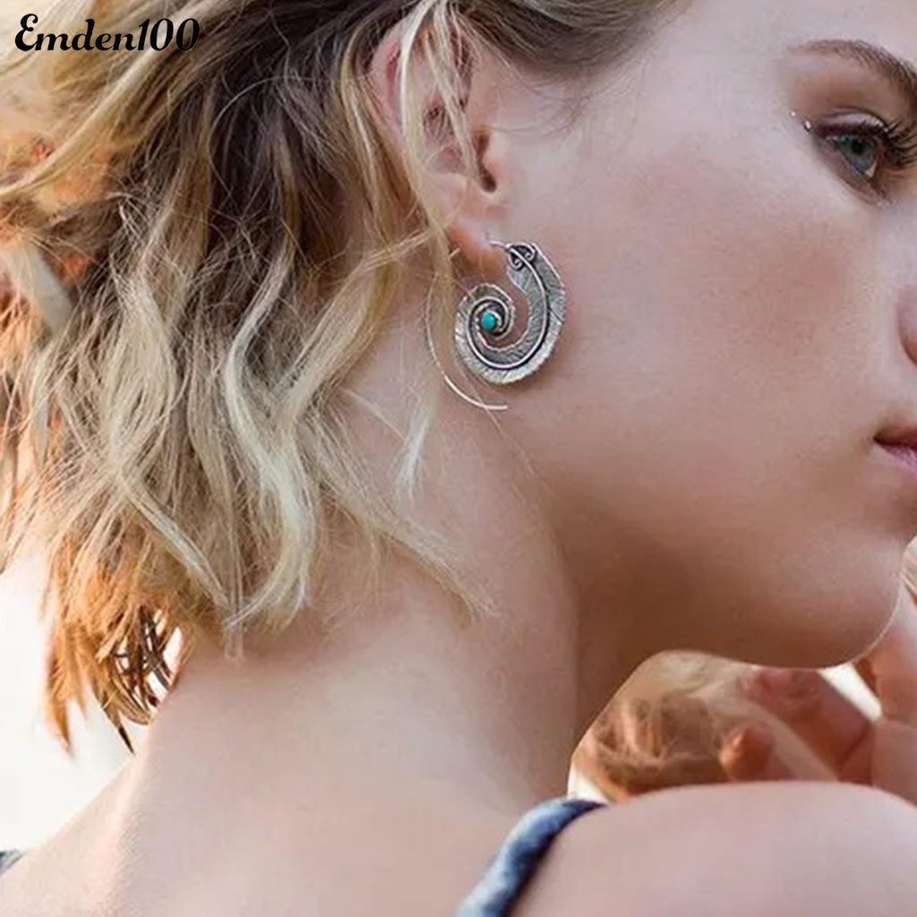 1 Đôi Bông Tai Tròn Khắc Hình Lông Vũ Đính Đá Ngọc Lam Giả Phong Cách Boho Cổ Điển Thời Trang Cho Nữ