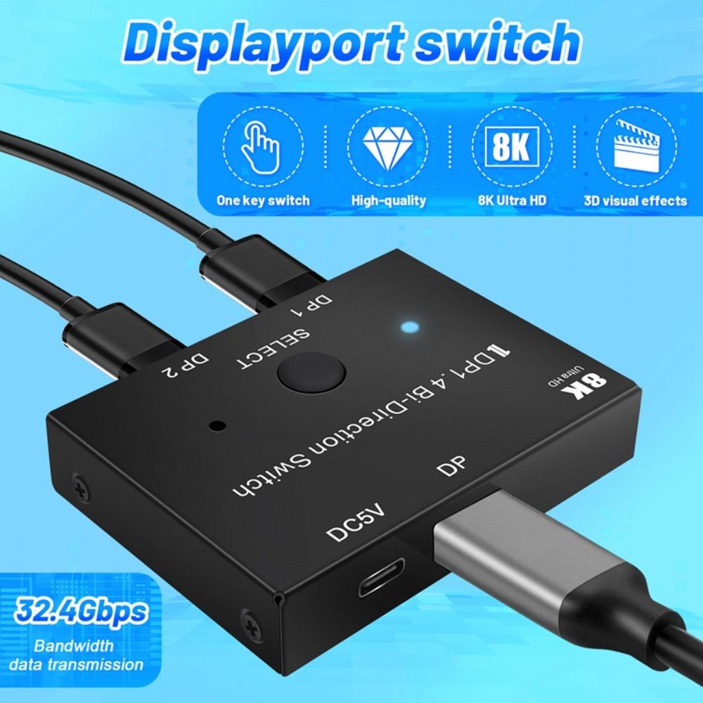 Bộ chia DisplayPort MMULCK 2 vào 1 ra / 1 vào 2 ra 8k @ 60hz dp 1.4 cho bảng điều khiển trò chơi/dự án/màn hình/tv