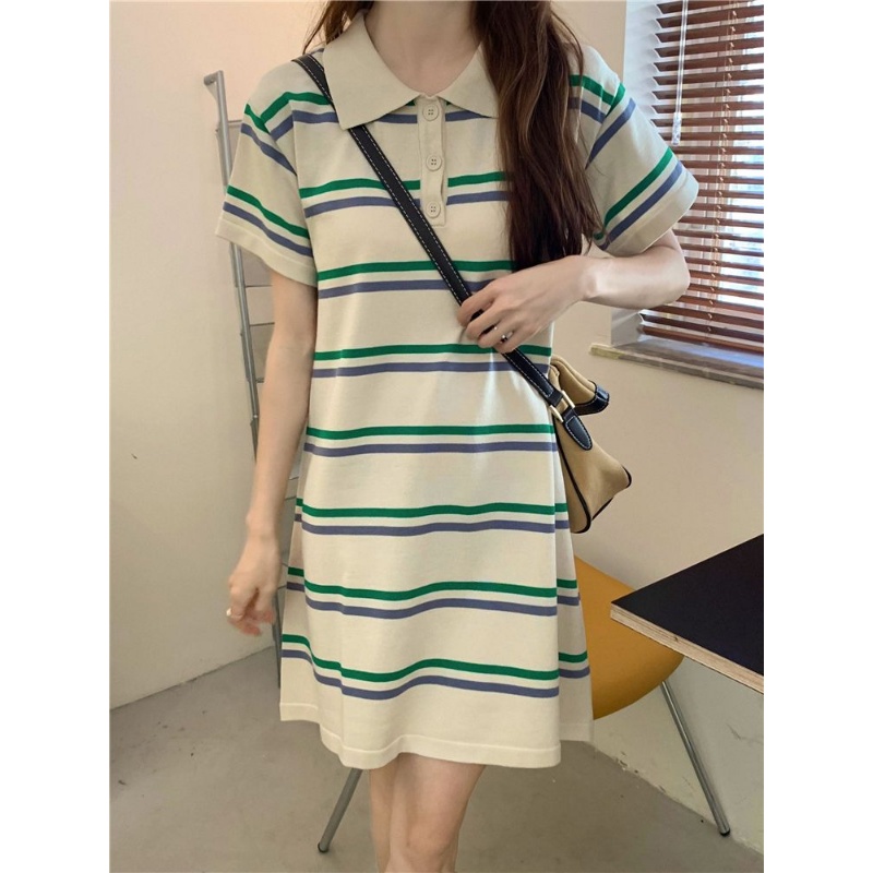 Đầm Dệt Kim Tay Ngắn Dáng Rộng Họa Tiết Kẻ Sọc Màu Sắc Tương Phản Thời Trang Mùa Hè