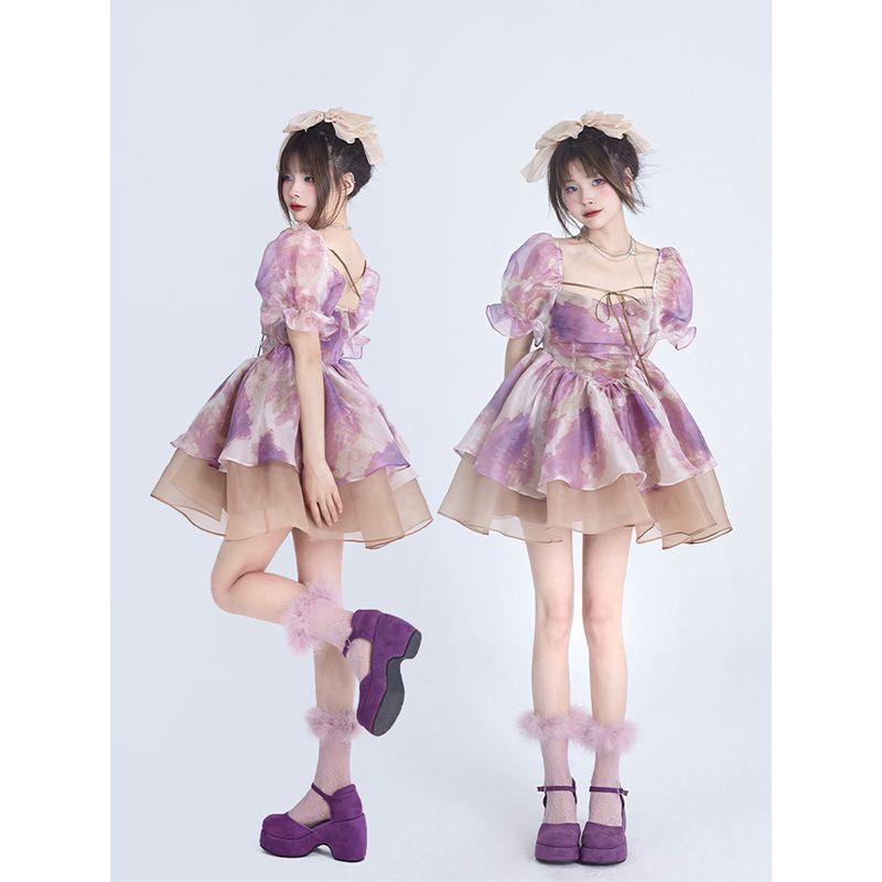mz Áo Kiểu Dáng Rộng Không Tay Viền Lá Sen set áo kiểu chân váy baby doll áo kiểu Đầm Công Chúa Ngắn Tay Phồng Nhuộm Màu Phong Cách Mới Mùa Hè Cho Nữ ve