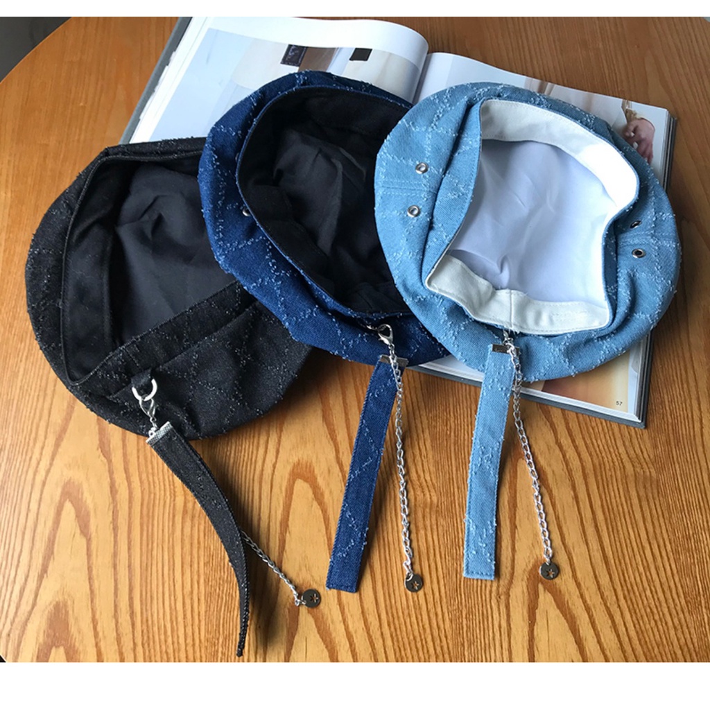 Mũ Beret Phối Dây Xích Phong Cách Cao Bồi Nhật Bản Thời Trang Xuân Hè Cho Nữ