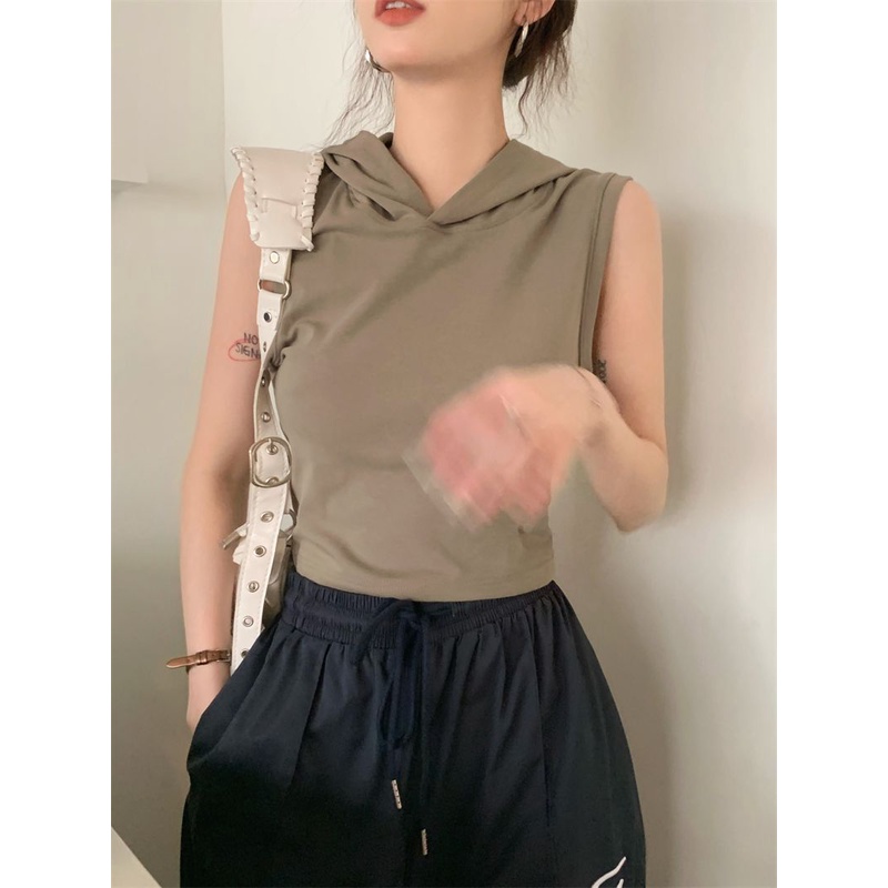 Lemon studio phong cách mỹ nữ t áo sơ mi thời trang không tay có mũ trùm đầu slim fit short top female t-shirt 203