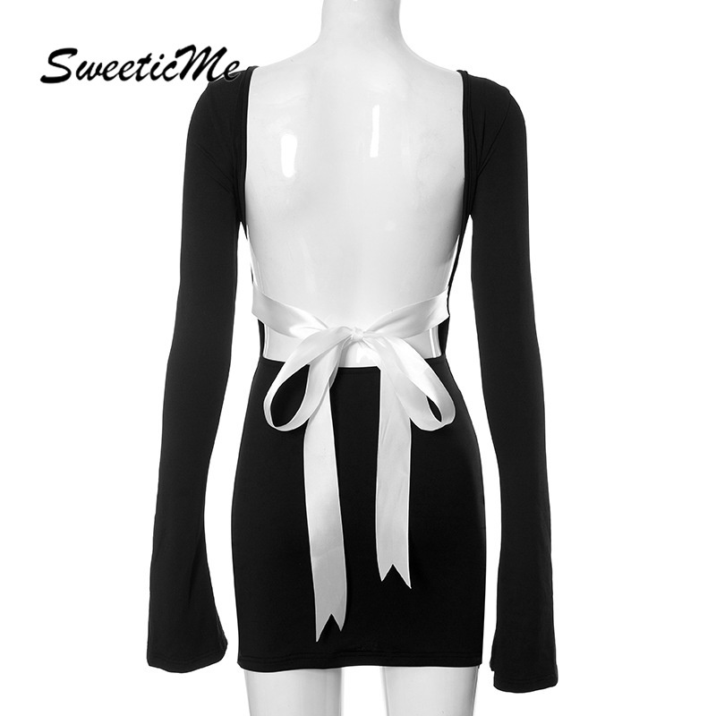 Đầm Ngắn Tay Dài Hở Lưng Thắt Nơ Màu Trơn Thời Trang Mới 2023 Dành Cho Bạn Nữ