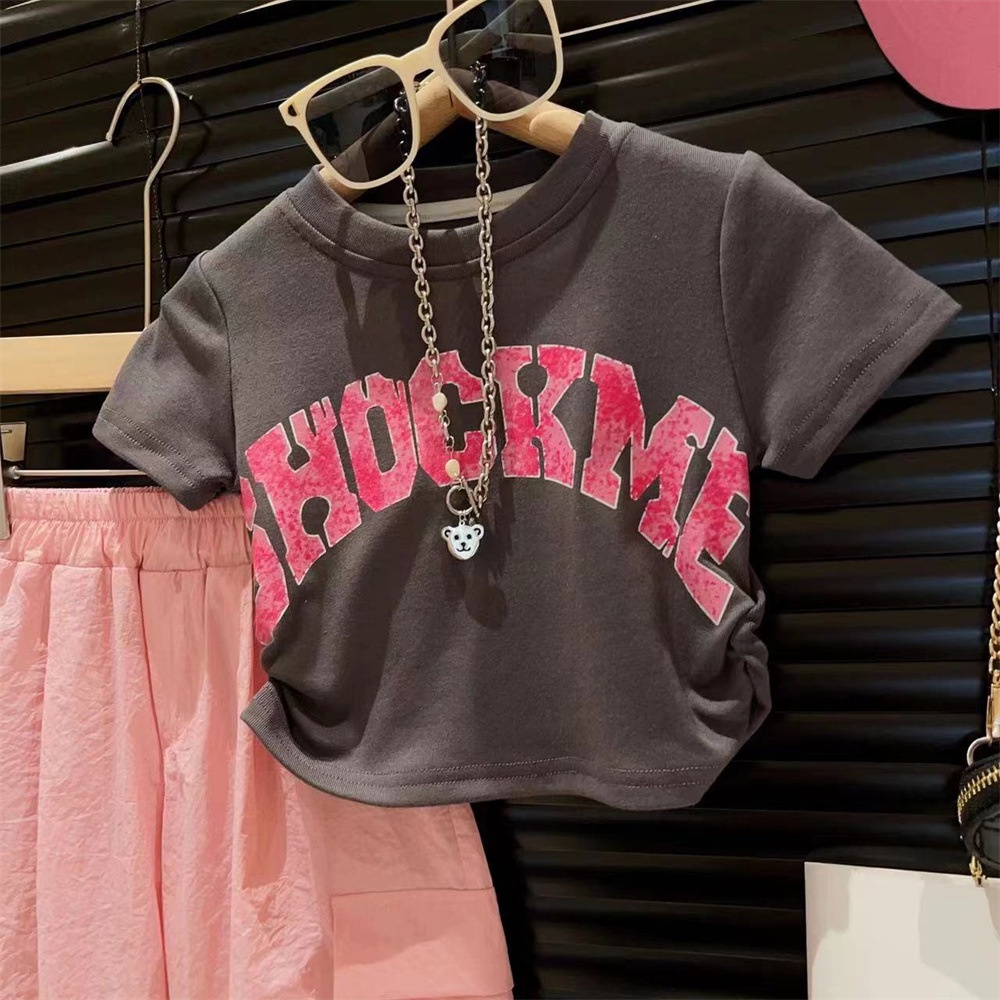 Áo Thun Cotton Trơn Tay Ngắn Phối Dây Rút Phong Cách Hàn Quốc Thời Trang Mùa Hè Cho Bé Gái