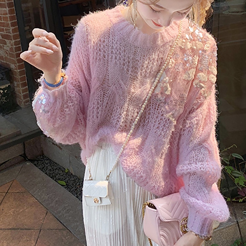 Multiplication niche sang trọng màu hồng sequined áo len nữ thiết kế mùa xuân thu nhỏ nhẹ nhàng rỗng áo dệt kim phong cách lười biếng ff