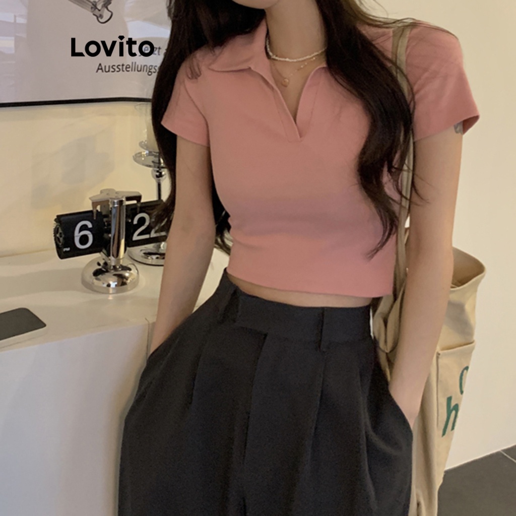 Áo thun LOVITO tay ngắn cổ cơ bản polo màu trơn thường ngày cho nữ LNE10186