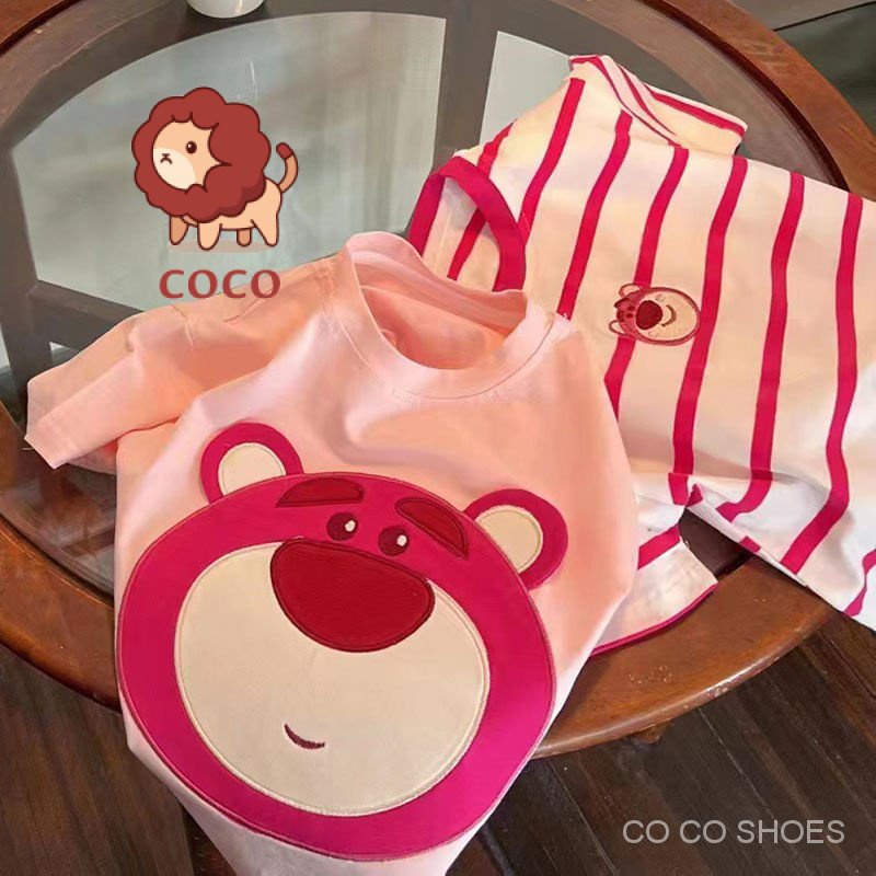 Áo Thun Cotton Tay Ngắn Kẻ Sọc Thêu Hình Gấu Dâu Tây Thời Trang Mùa Hè 2023 Mới Cho Bé Gái