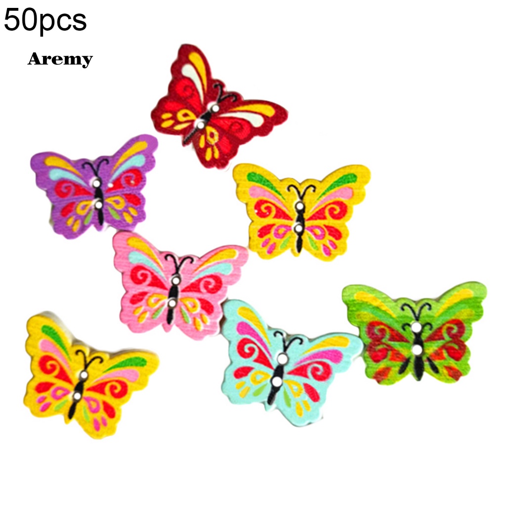 Set 50 Nút Gỗ 2 Lỗ Hình Bươm Bướm Nhiều Màu Trang Trí Quần Áo DIY