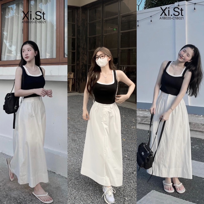 Set Áo Zip Phối Len Tăm 3 Lỗ Mix Chân Váy Kaki Trắng Dáng Dài Hàng 2 Lớp Có Ảnh Thật