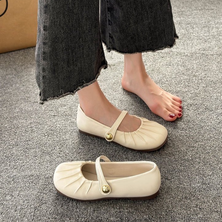 Giày Da PU Mũi Tròn Đế Bằng Phối Khóa Cài Thời Trang Mùa Hè Giản Dị Dành Cho Nữ
