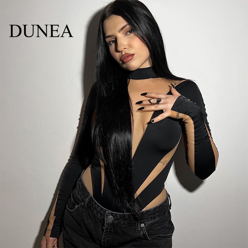DUNEA Bộ Áo Liền Quần Dài Tay Bó Sát Lưng Cao Phối Lưới Gợi Cảm Cho Nữ