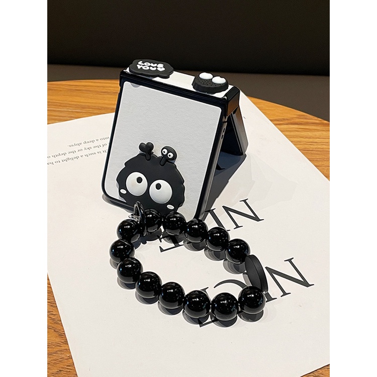 Ốp Điện Thoại Hình Hoa Màu Đen Phối Chuỗi Hạt Cho samsung galaxy z flip 5 4 3 5g flip5 zflip3 zflip4