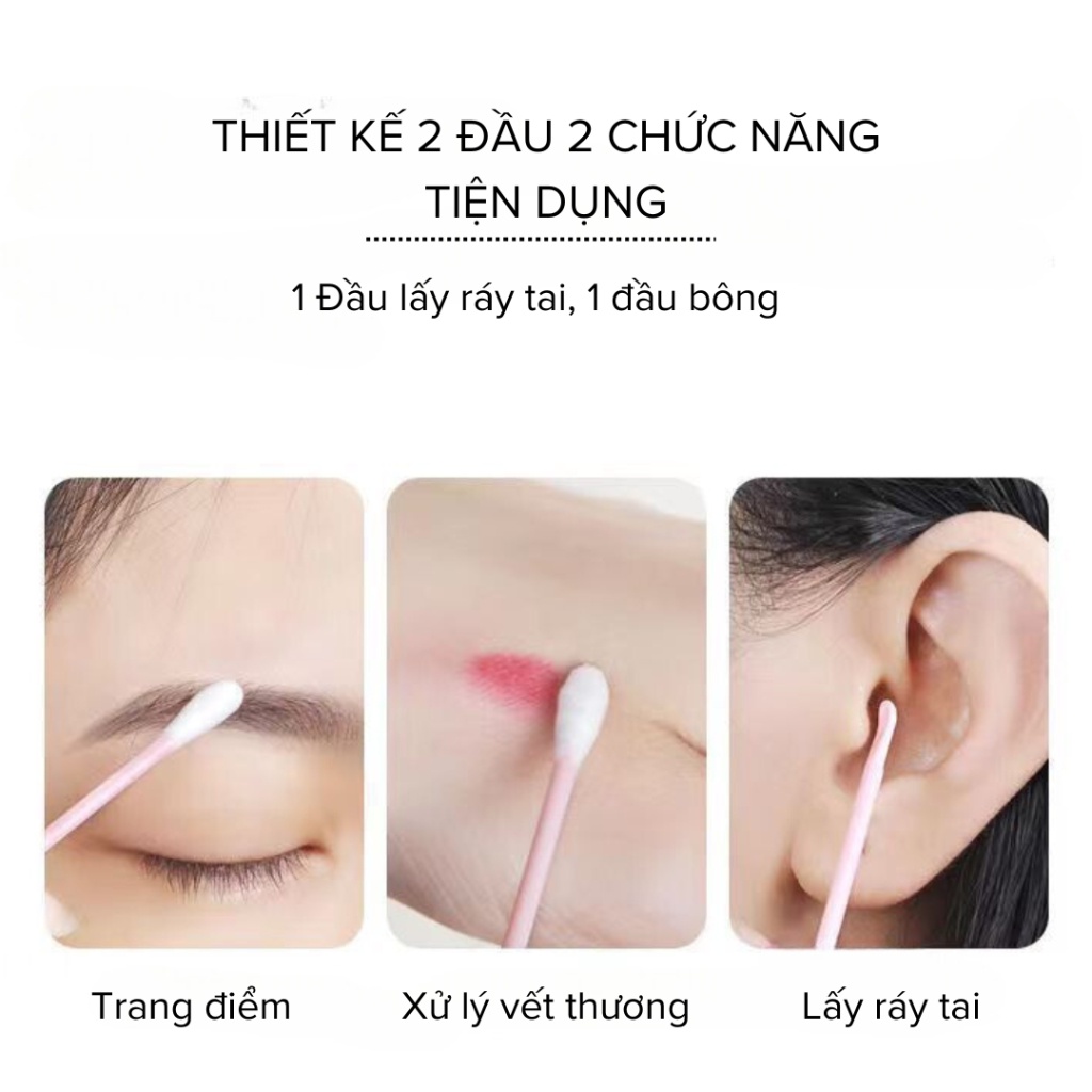 Hộp 100 Tăm Bông Cải Tiến 2 Đầu, 1 Đầu Lấy Ráy Tai, 1 Đầu Bông Thấm Hút Tốt, Không Sơ Bông