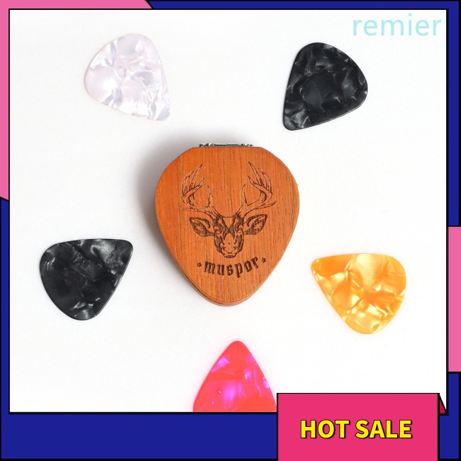 Re wood guitar pick holder pick-shaped guitar storage plectrum container display case with 5 pcs colorful guitar picks